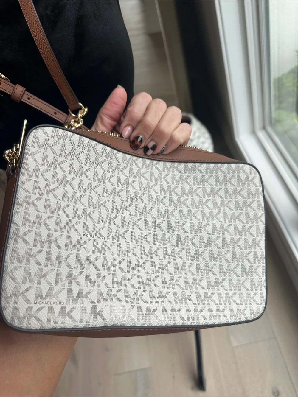 Michael Kors White Signature and Brown Leather Crossbody Bag